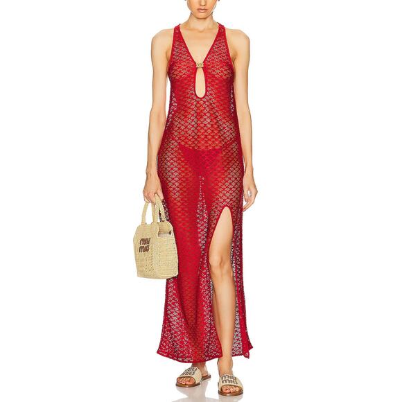 Ganni Dresses & Skirts - Ganni Mesh Lace Long Red Dress Size 38